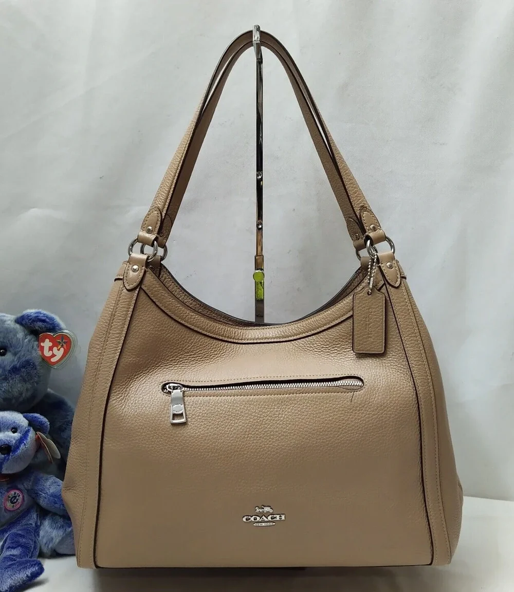 Coach Kristy Taupe Beige Pebble Leather Triple Compartment Shoulder Bag